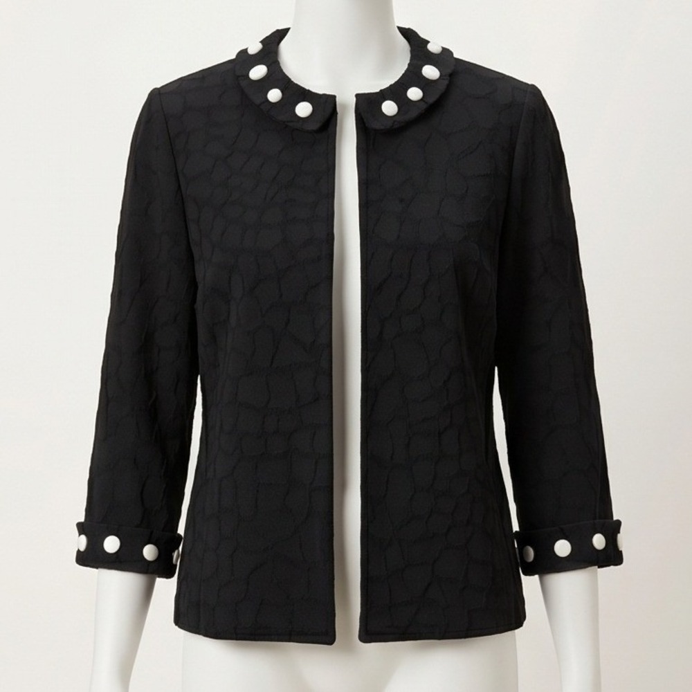 Ming Wang M Black Knit Jacket White Studded Collar 3/4 Sleeve Size Medium
